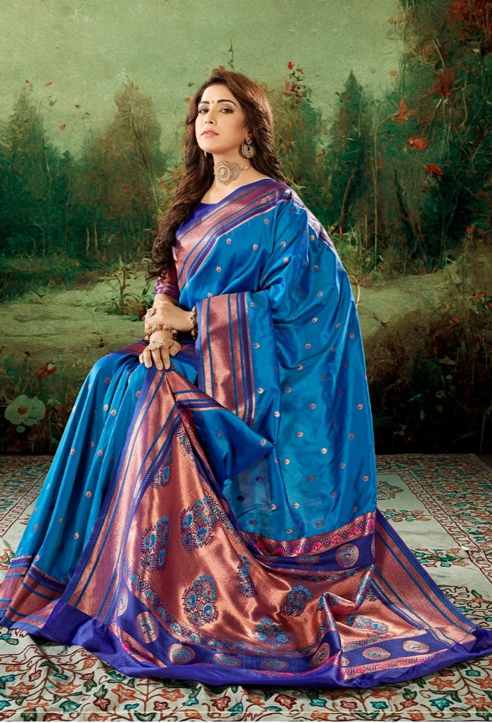 Pine Blue Soft Peshwai Paithani Silk Saree