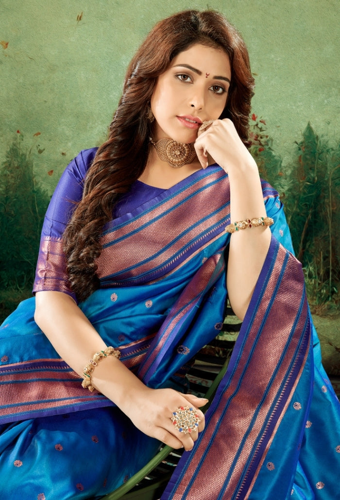 Pine Blue Soft Peshwai Paithani Silk Saree