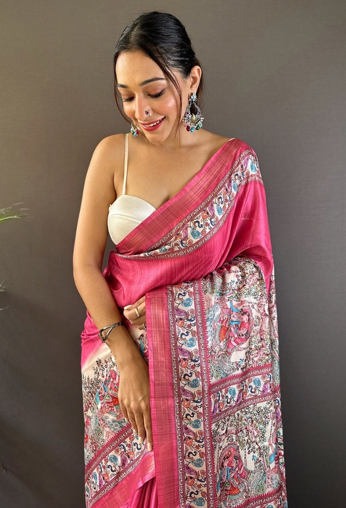 Blush Pink Tussar Silk Saree