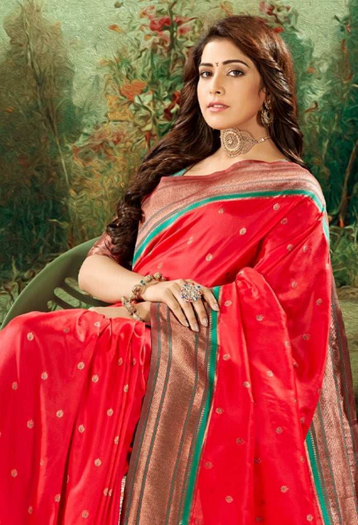 Scarlet Bright Red Soft Peshwai Paithani Silk Saree