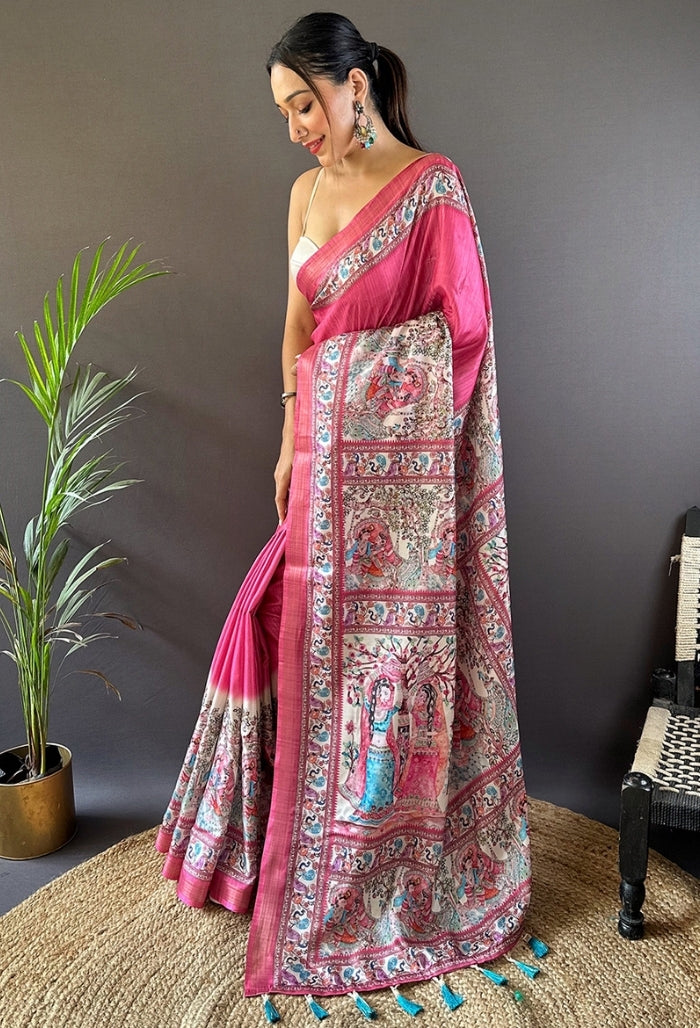 Blush Pink Tussar Silk Saree