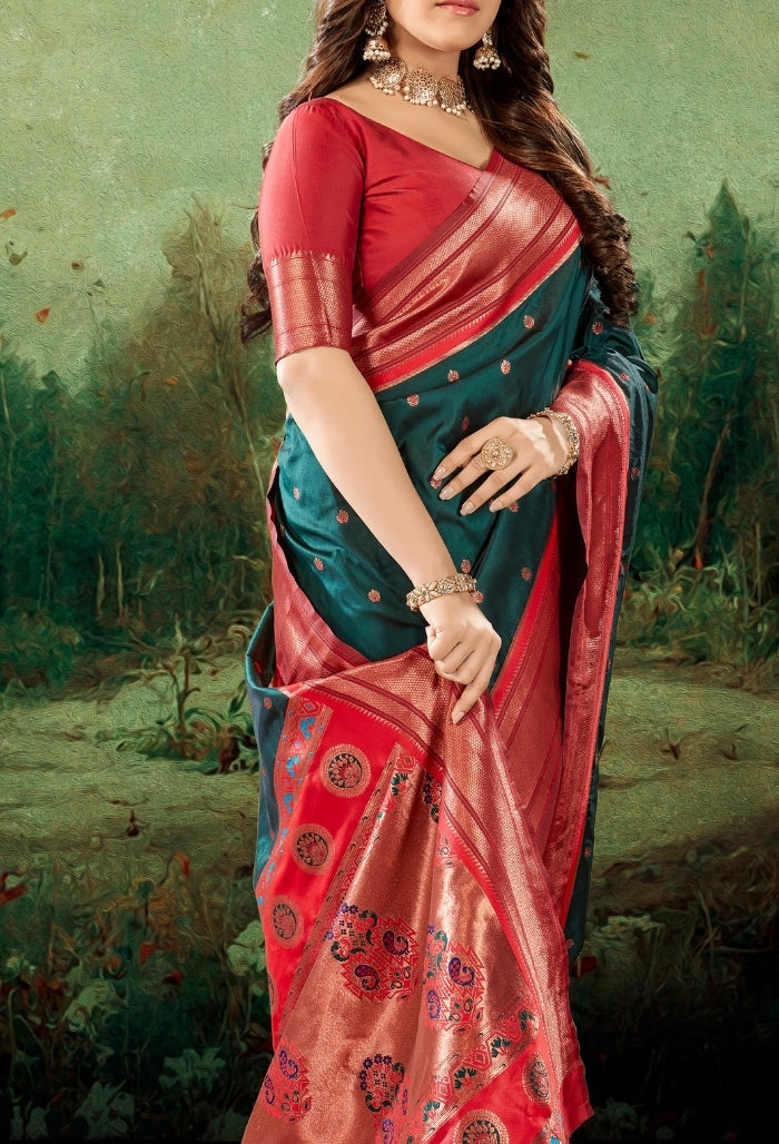 Pine Green Soft Peshwai Paithani Silk Saree