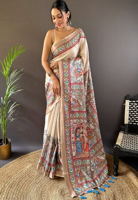 Ivory Cream Tussar Silk Saree