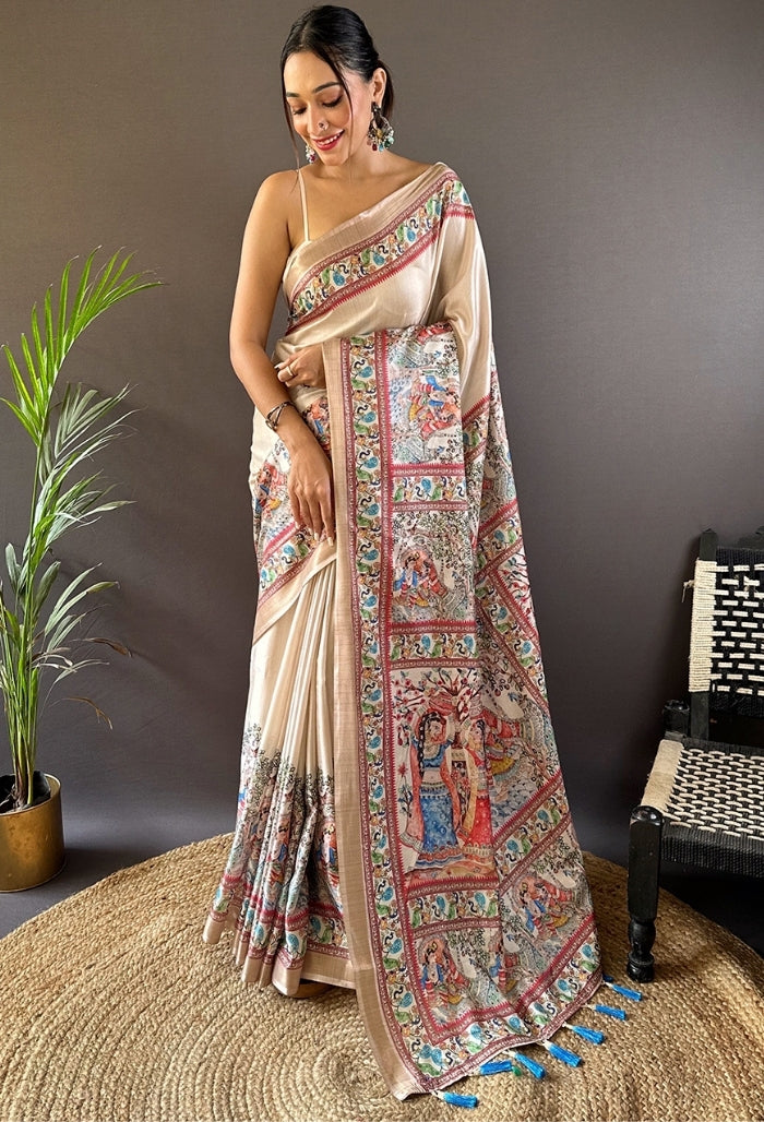 Ivory Cream Tussar Silk Saree