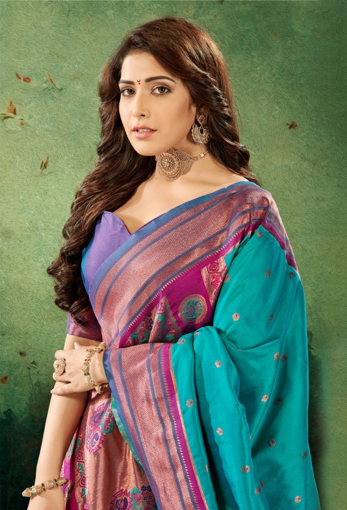 Aqua sea green Soft Peshwai Paithani Silk Saree