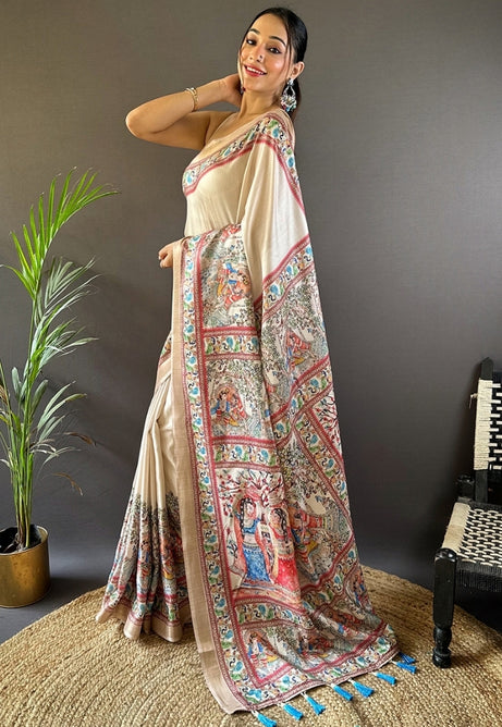 Ivory Cream Tussar Silk Saree