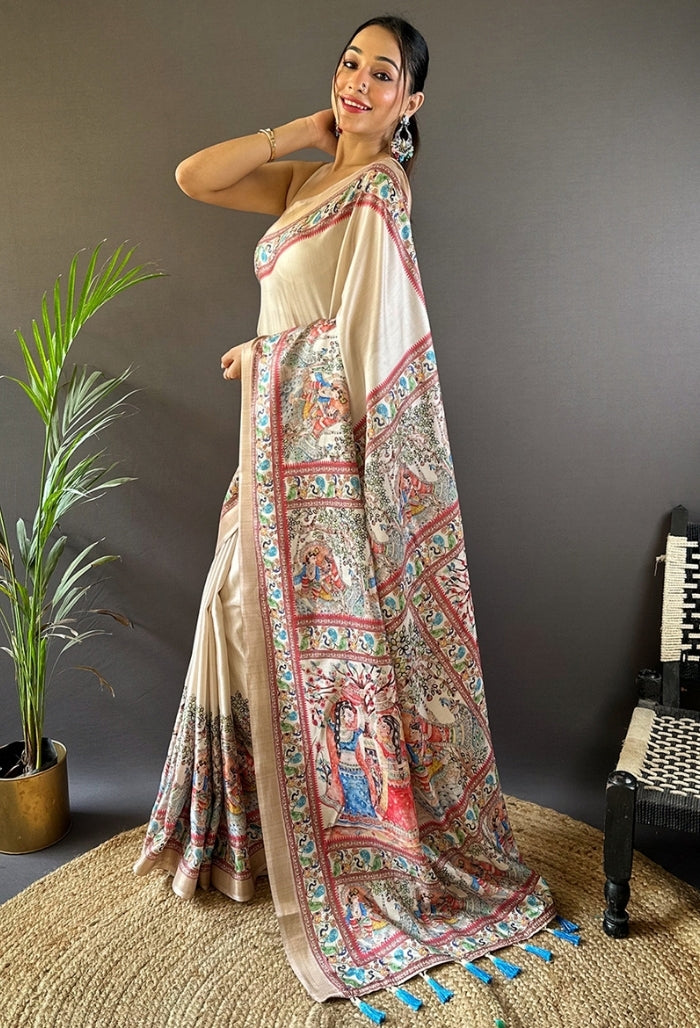 Ivory Cream Tussar Silk Saree