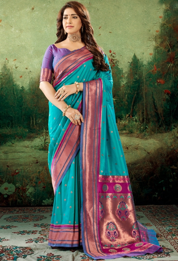 Aqua sea green Soft Peshwai Paithani Silk Saree