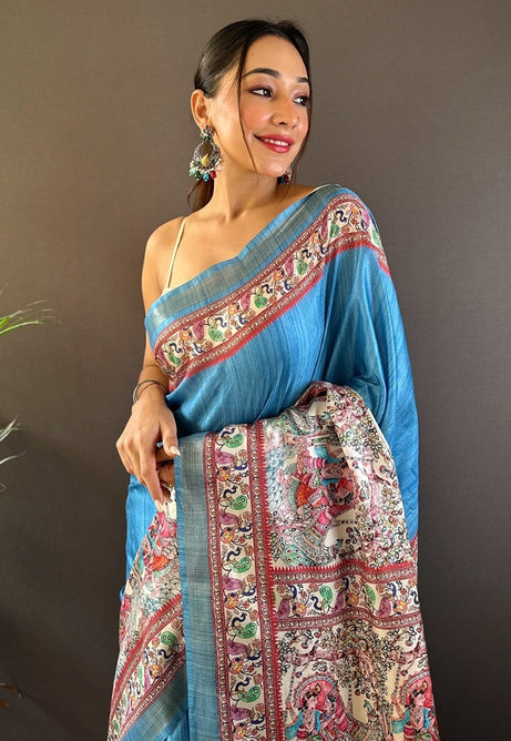 Ocean Blue Tussar Silk Saree