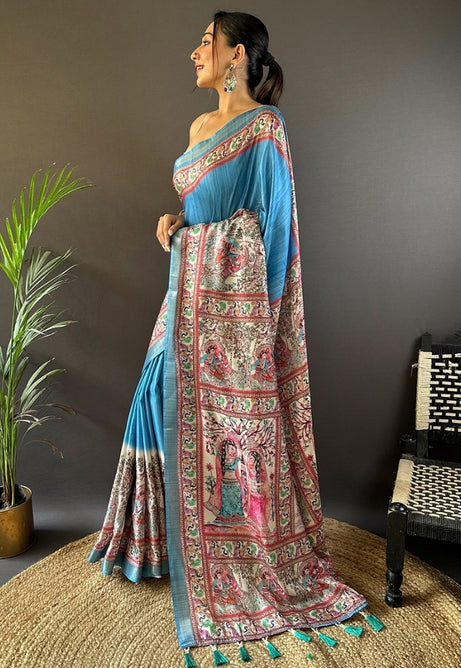 Ocean Blue Tussar Silk Saree