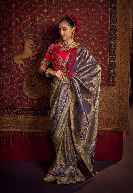 Elegant Silver with Blue Pure Dola Viscous Silk Saree