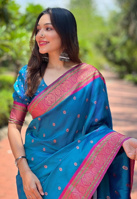 Celestial Sky Blue Paithani Silk Saree