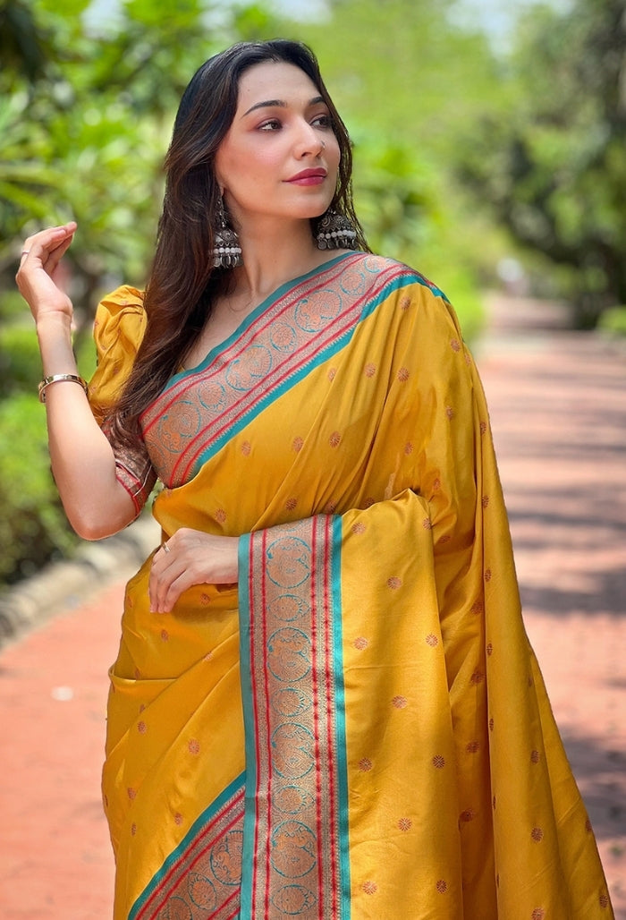 Golden Yellow Paithani Silk Saree