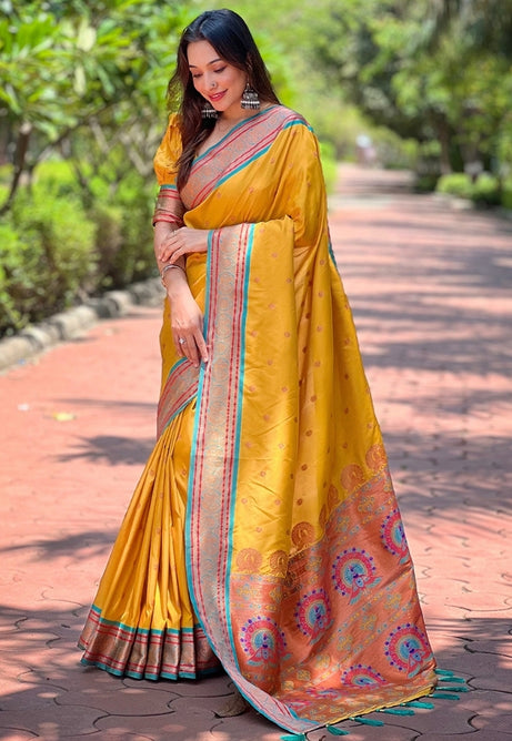 Golden Yellow Paithani Silk Saree