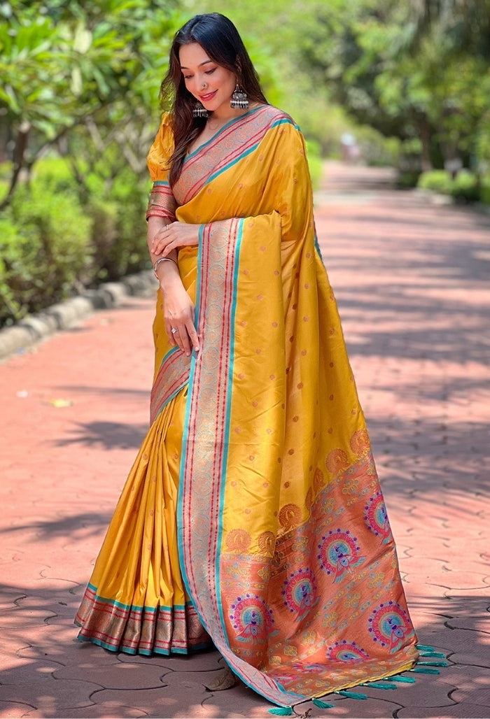 Golden Yellow Paithani Silk Saree