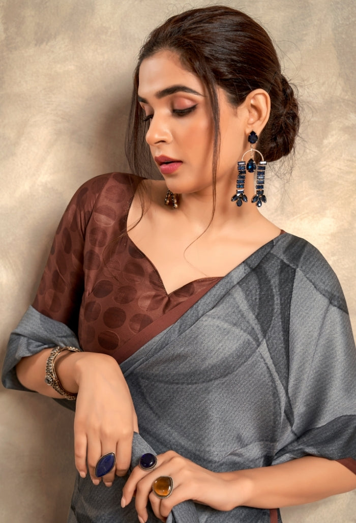 Slate Grey Pure Sattin Crepe Saree