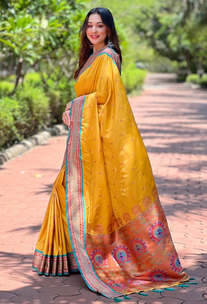 Golden Yellow Paithani Silk Saree