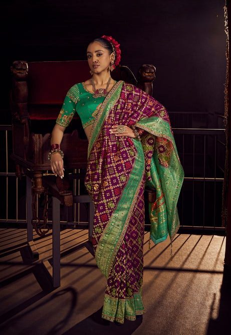 Vibrant Green with Pink Pure Dola Viscous Silk Saree