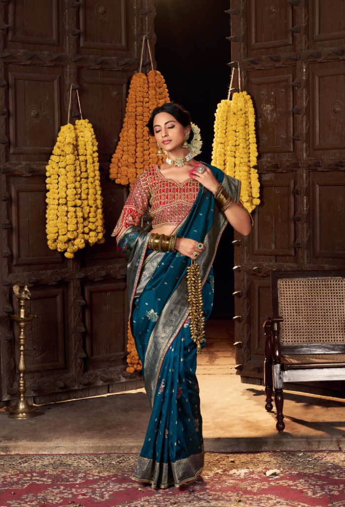 Peacock Teal Pure Silk Weaving saree