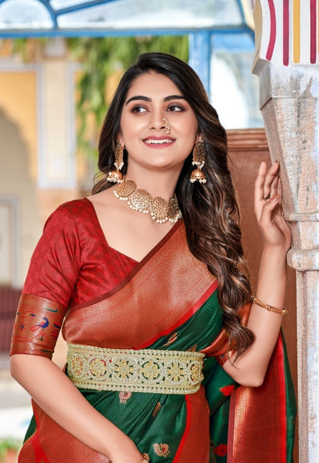 Alpine Green Soft Peshwai Paithani Silk Saree