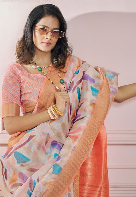 Soft Orange Modal Silk With Beautiful Colorfull Prints