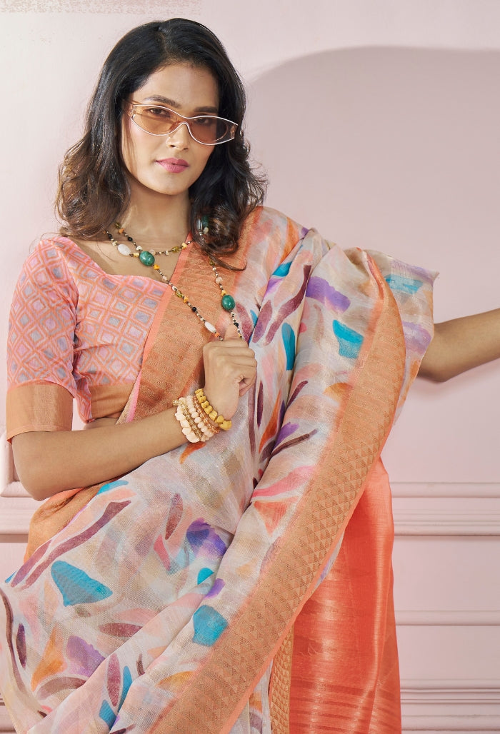 Soft Orange Modal Silk With Beautiful Colorfull Prints