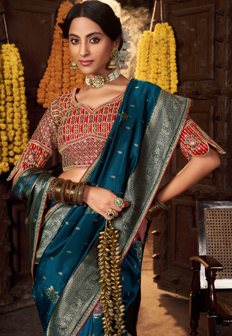 Peacock Teal Pure Silk Weaving saree