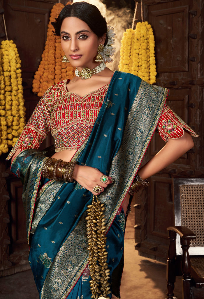 Peacock Teal Pure Silk Weaving saree