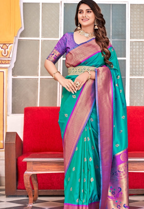 Turquoise Peacock Soft Peshwai Paithani Silk Saree