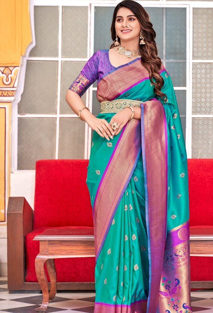 Turquoise Peacock Soft Peshwai Paithani Silk Saree