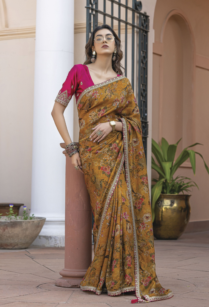 Mustard Yellow Pure Viscose Dola Silk saree