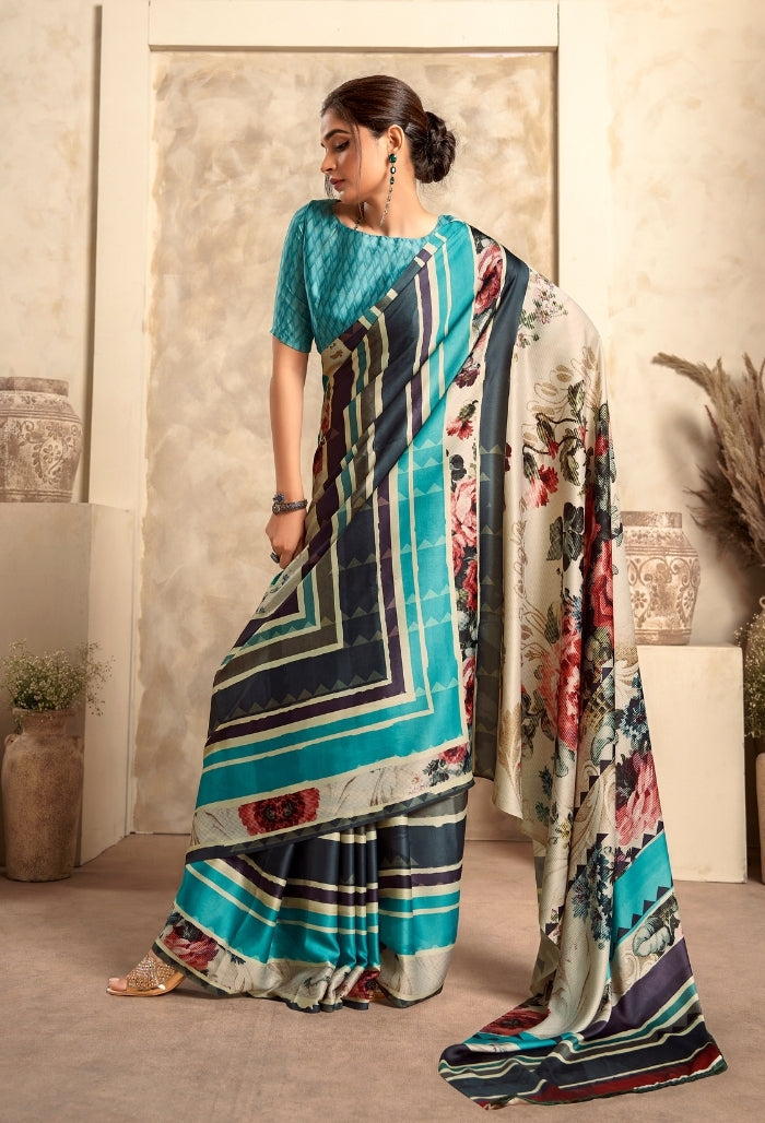 Electric Blue Pure Sattin Crepe Saree