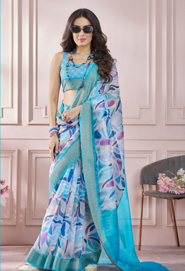 Ocean Blue Modal Silk With Beautiful Colorfull Prints