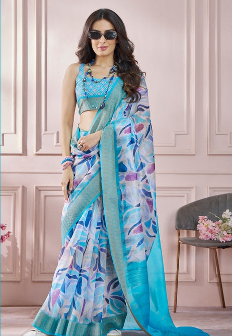 Ocean Blue Modal Silk With Beautiful Colorfull Prints