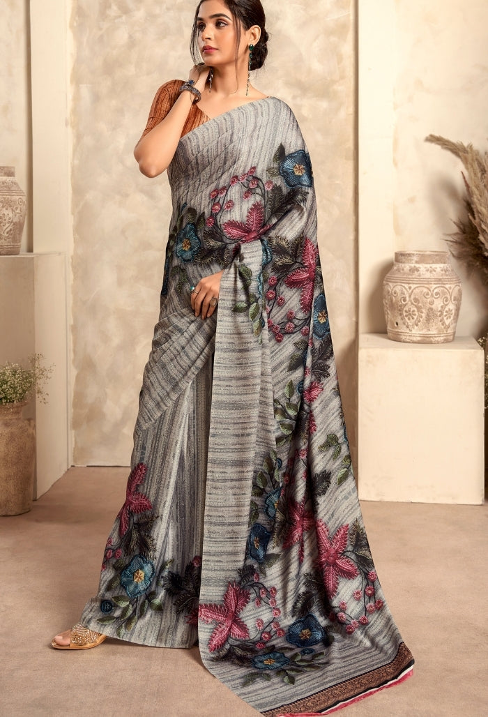 Cloud Grey Pure Sattin Crepe Saree