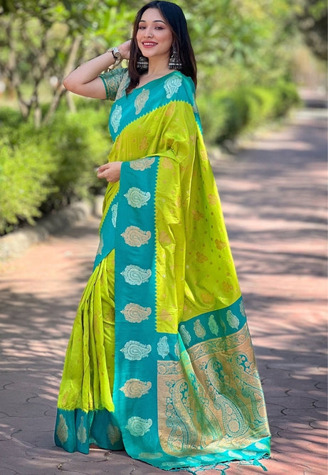 Vibrant Parrot Green Paithani Silk Saree