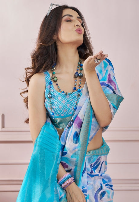 Ocean Blue Modal Silk With Beautiful Colorfull Prints