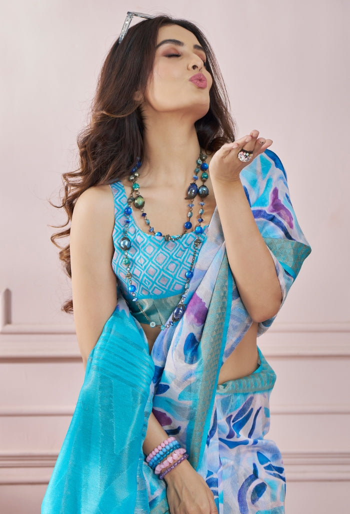 Ocean Blue Modal Silk With Beautiful Colorfull Prints