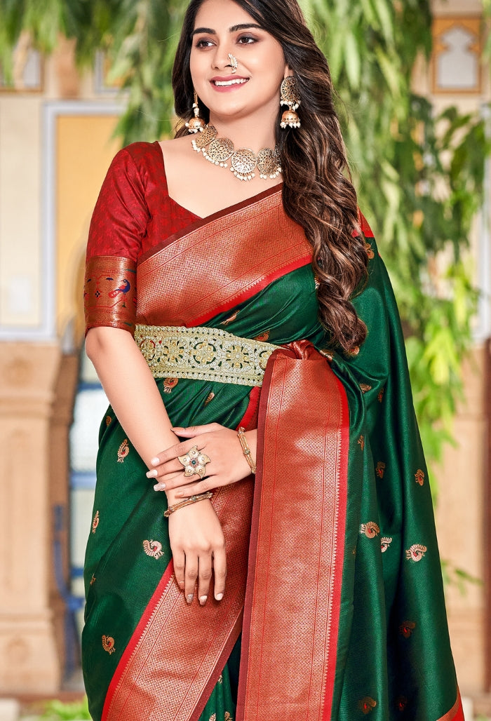 Alpine Green Soft Peshwai Paithani Silk Saree