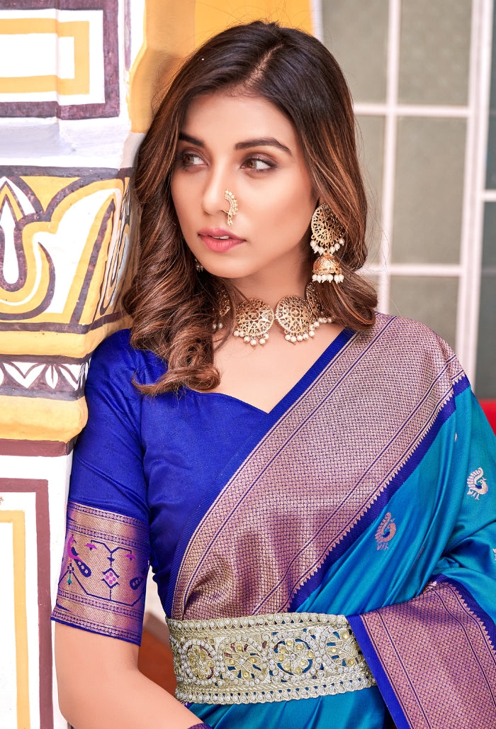 Atlantic Blue Soft Peshwai Paithani Silk Saree