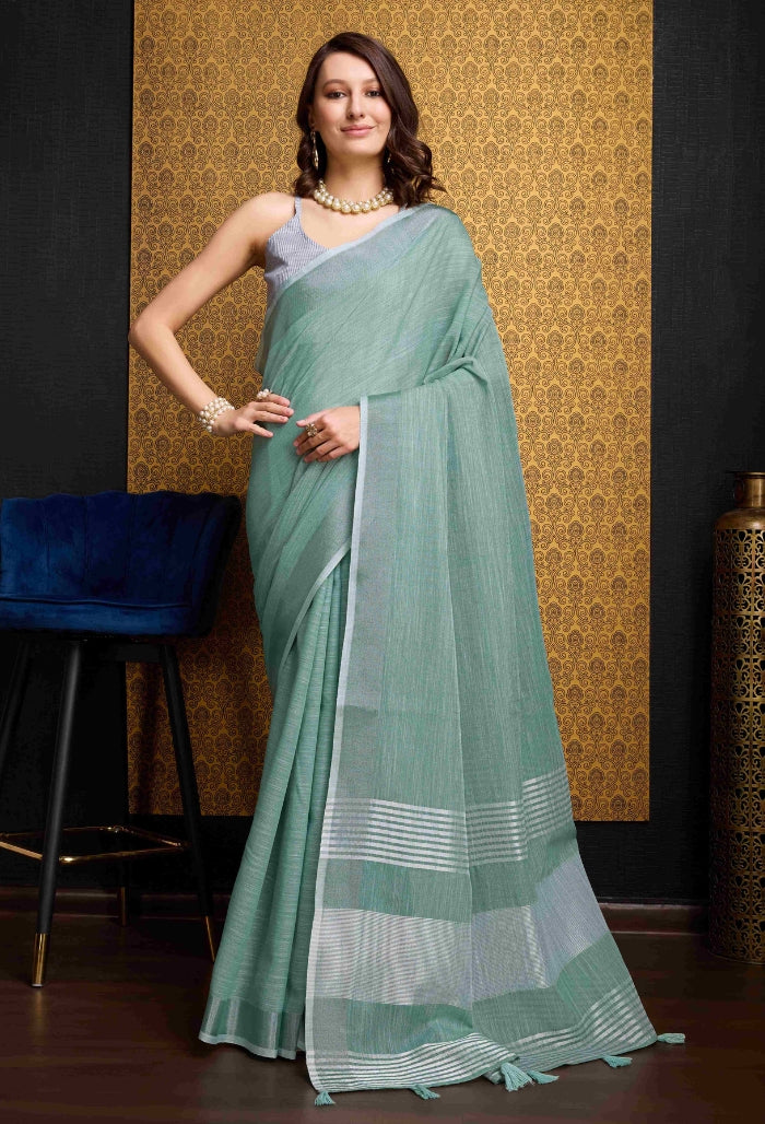 Firozy Blue Linen Saree