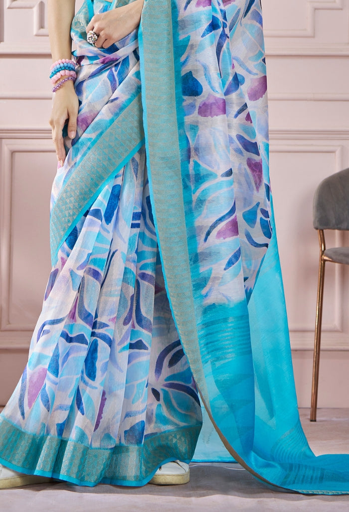 Ocean Blue Modal Silk With Beautiful Colorfull Prints