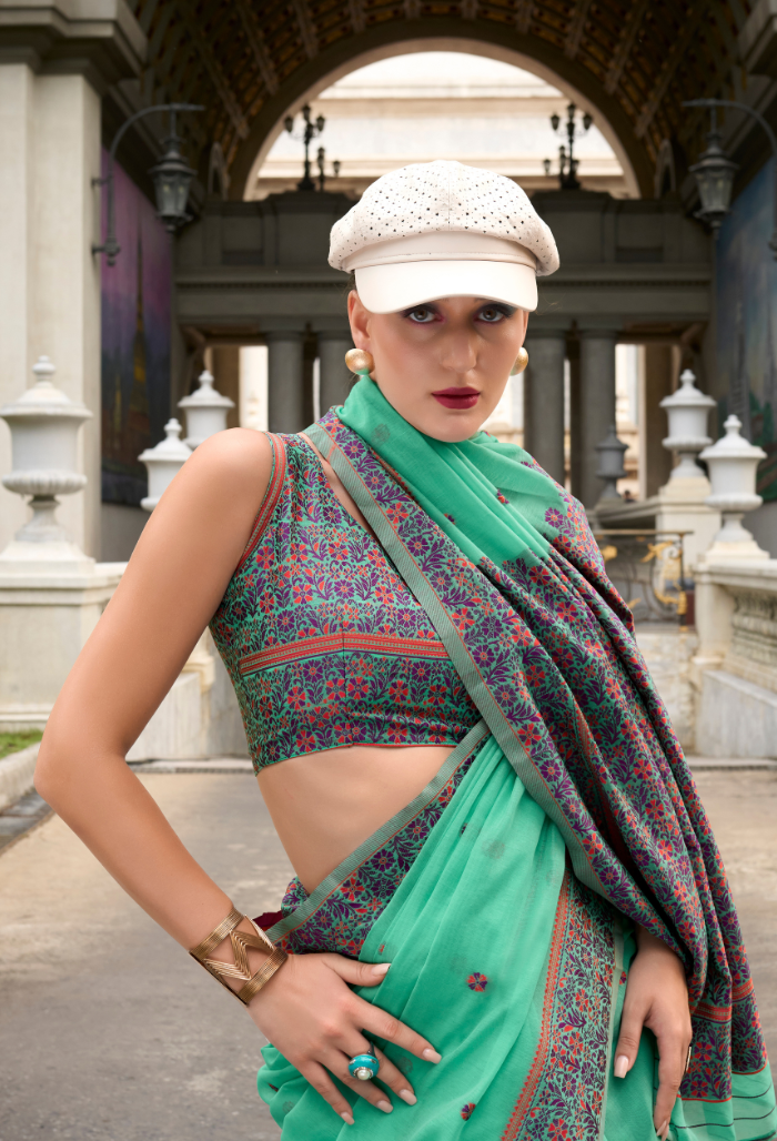 Aqua Silk Linen Saree