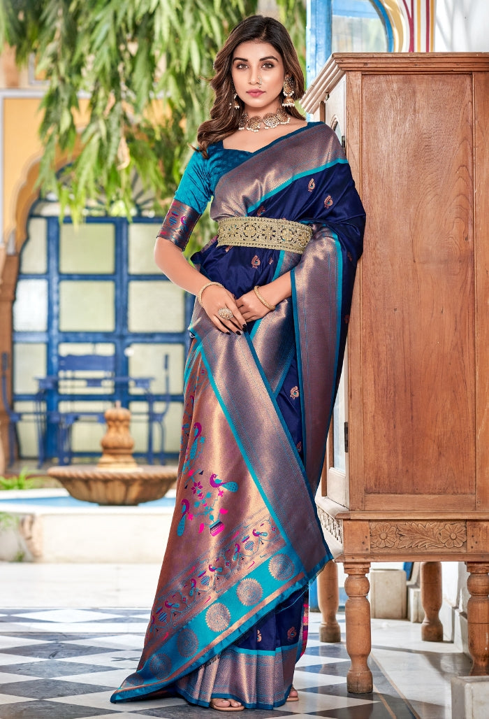 Nocturne Blue Soft Peshwai Paithani Silk Saree