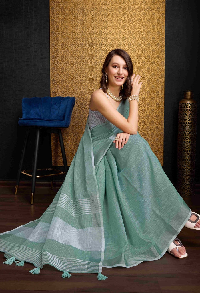 Firozy Blue Linen Saree