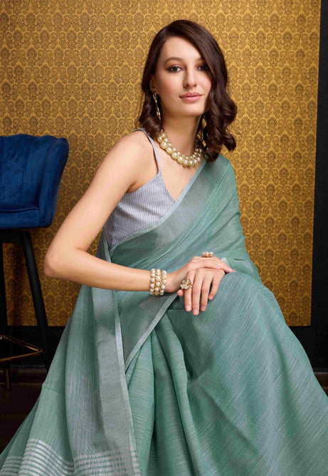 Firozy Blue Linen Saree