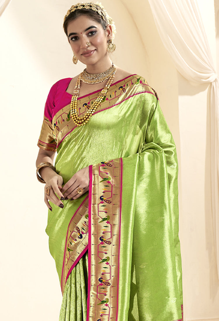 Olive Green Pure Paithani Tissue Silk with Zari Border