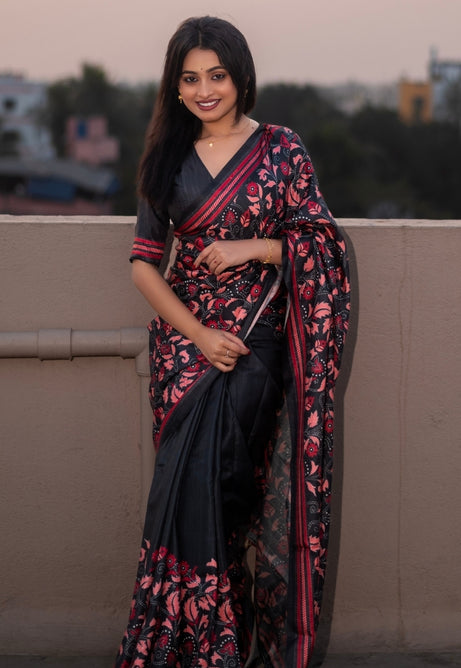 Crimson Red and Midnight Black Kolam Silk Saree