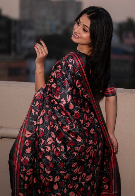 Crimson Red and Midnight Black Kolam Silk Saree