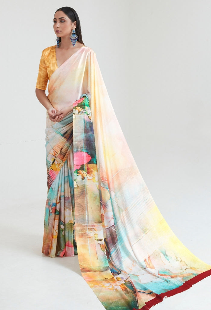 Multicolour Floral Printoria Digital Silk Saree